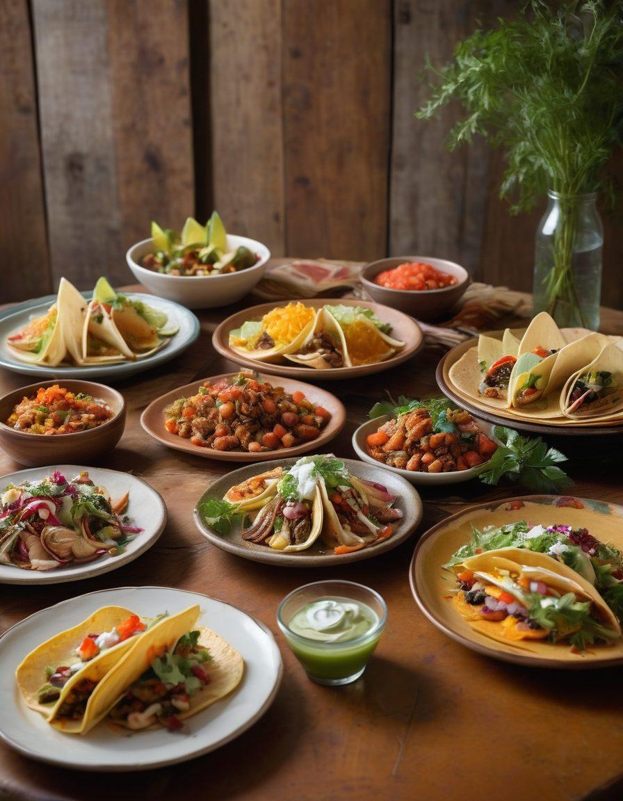 A beautifully arranged table showcasing diverse regional dishes from San Marcos, including colorful tacos, elegant seafood, and gourmet desserts, set against a rustic bistro backdrop. Include regional ingredients like fresh herbs and vibrant spices around the plates, evoking a sense of culinary adventure. Bright lighting to highlight the food's textures and colors, creating an inviting atmosphere. super-realistic. vibrant colors.