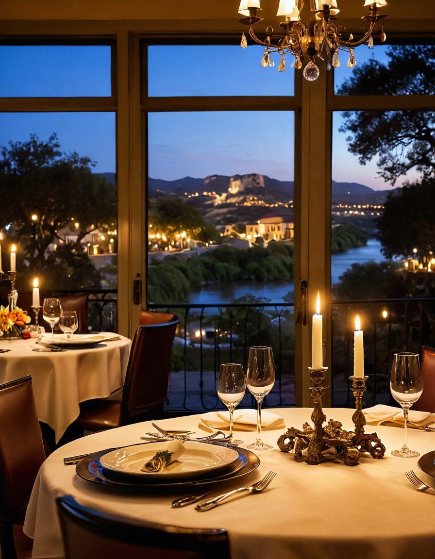 A luxurious dining table set in a romantic San Marcos restaurant, adorned with elegant tableware, flickering candlelight, and exquisite dishes presented artfully. In the background, glimpse of picturesque landscapes and chic decor, capturing the upscale atmosphere. The warm light and inviting ambiance create a sense of culinary delight. super-realistic. vibrant colors. atmospheric lighting.