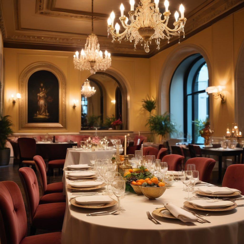 A luxurious dining table set in a beautifully decorated upscale restaurant in San Marco, showcasing elegant tableware, fine wines, and gourmet dishes. The ambiance features soft, ambient lighting with stylish decor and an inviting atmosphere. Guests enjoying a delightful meal add to the allure of the scene, creating an impression of sophistication and elegance. super-realistic. vibrant colors. soft focus.